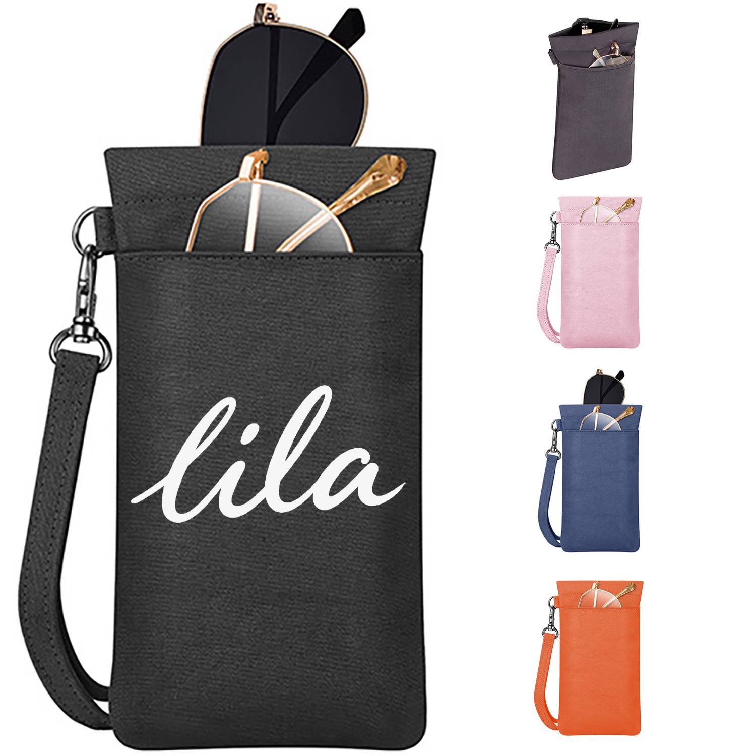 PU Leather Two Pocket Eyeglass Pouch w/ Carrying Strap