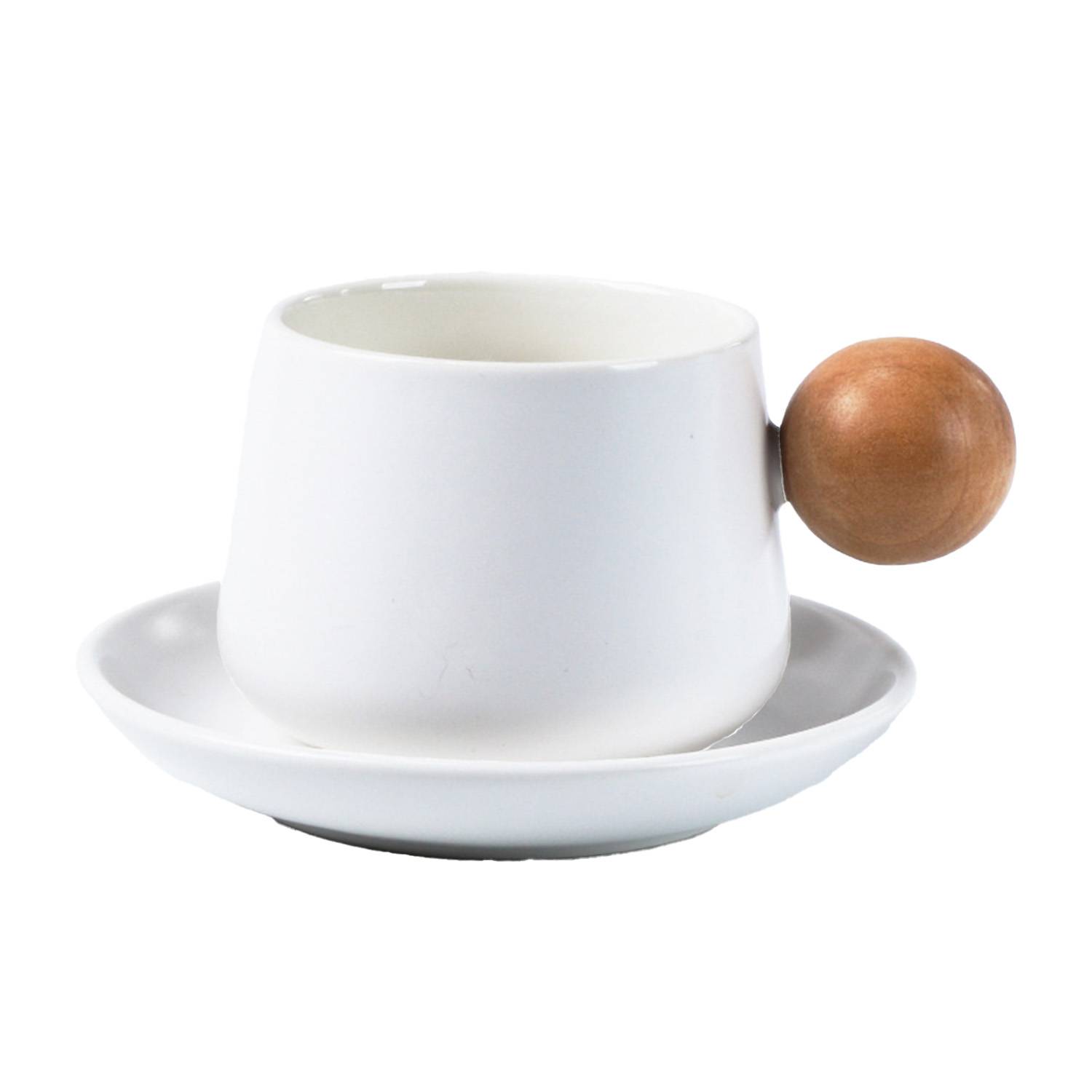 11oz Wooden Handle Ceramic Coffee Cup Saucer Gift Set - Image 4