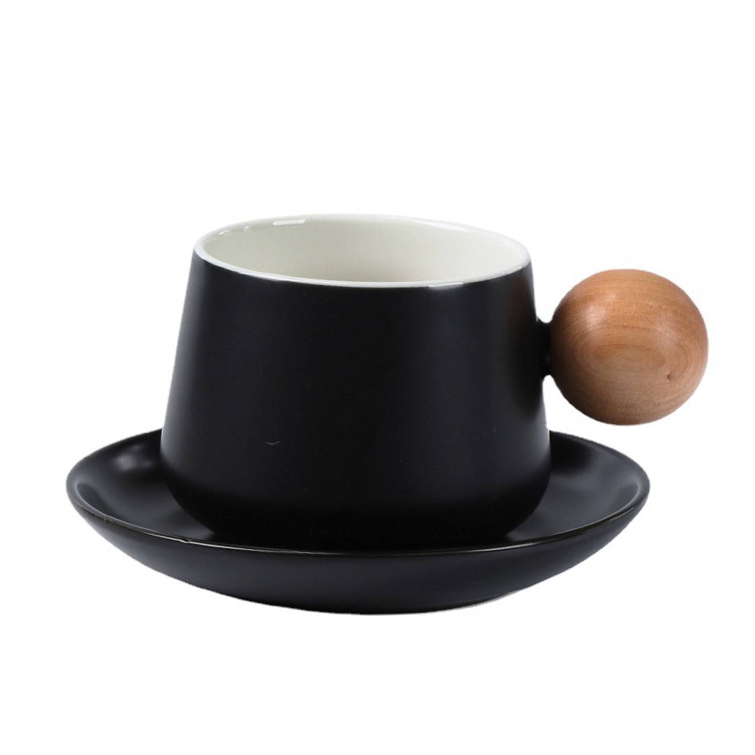 11oz Wooden Handle Ceramic Coffee Cup Saucer Gift Set - Image 3