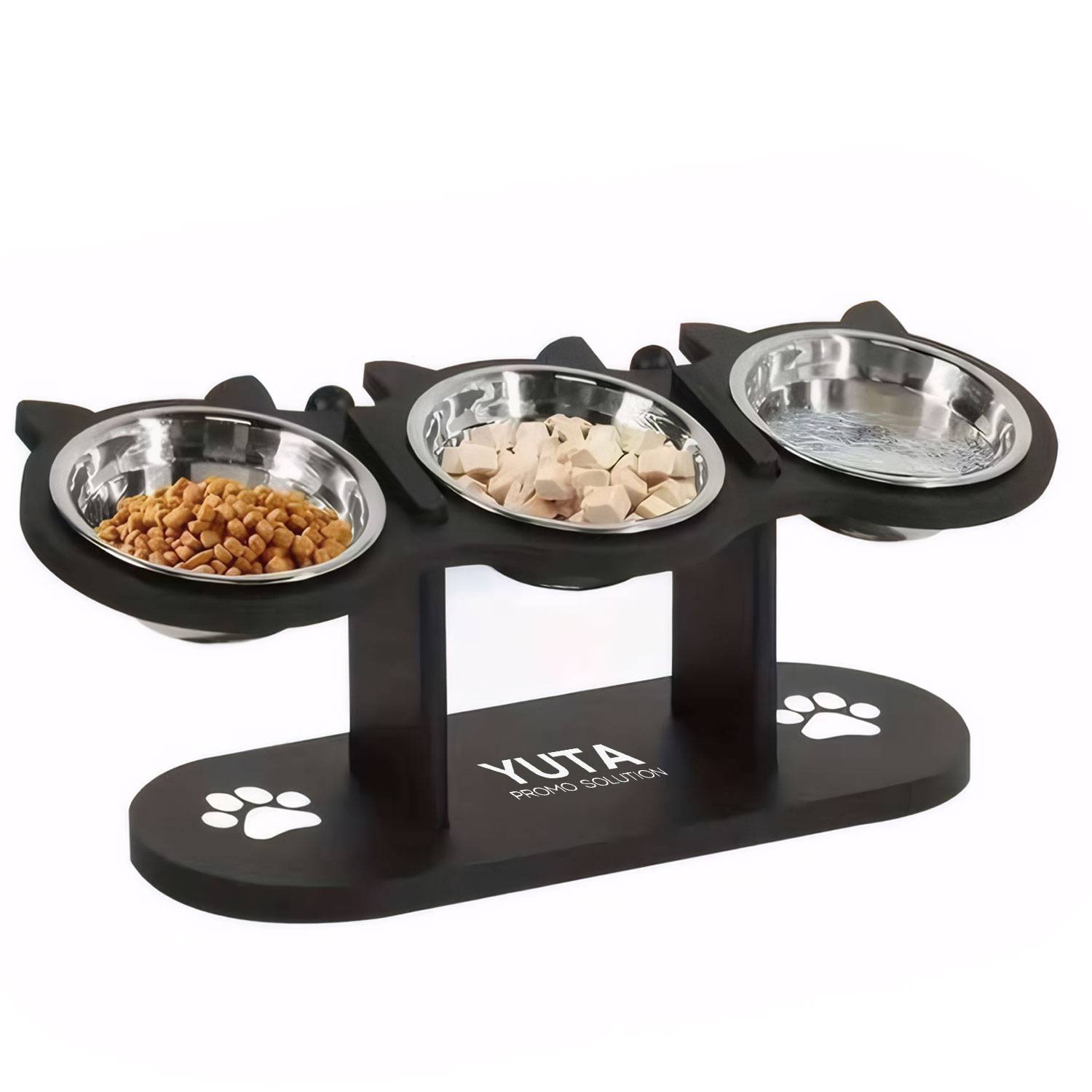 Adjustable Wooden Pet Feeder Stand with 3 Stainless Bowls