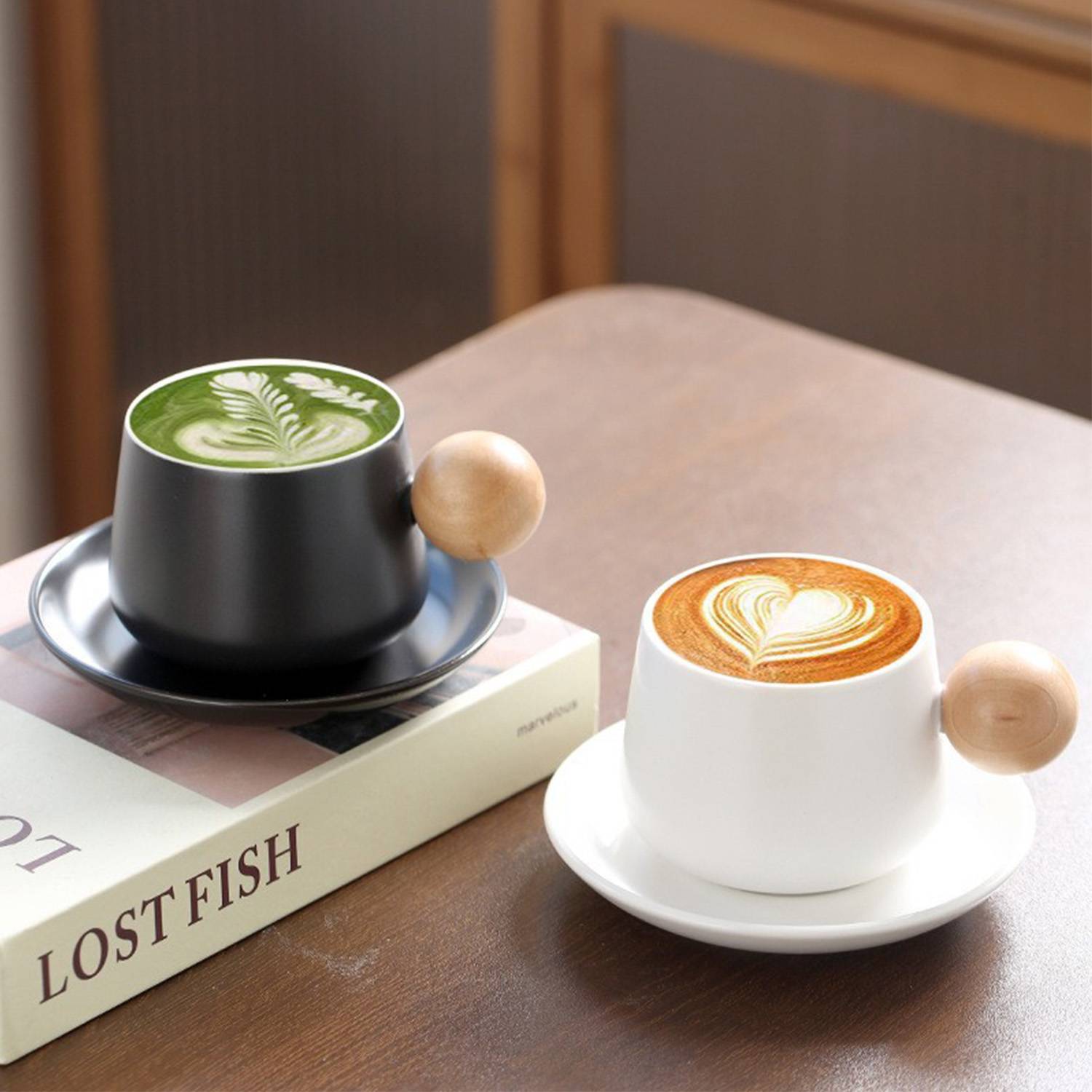 11oz Wooden Handle Ceramic Coffee Cup Saucer Gift Set - Image 6
