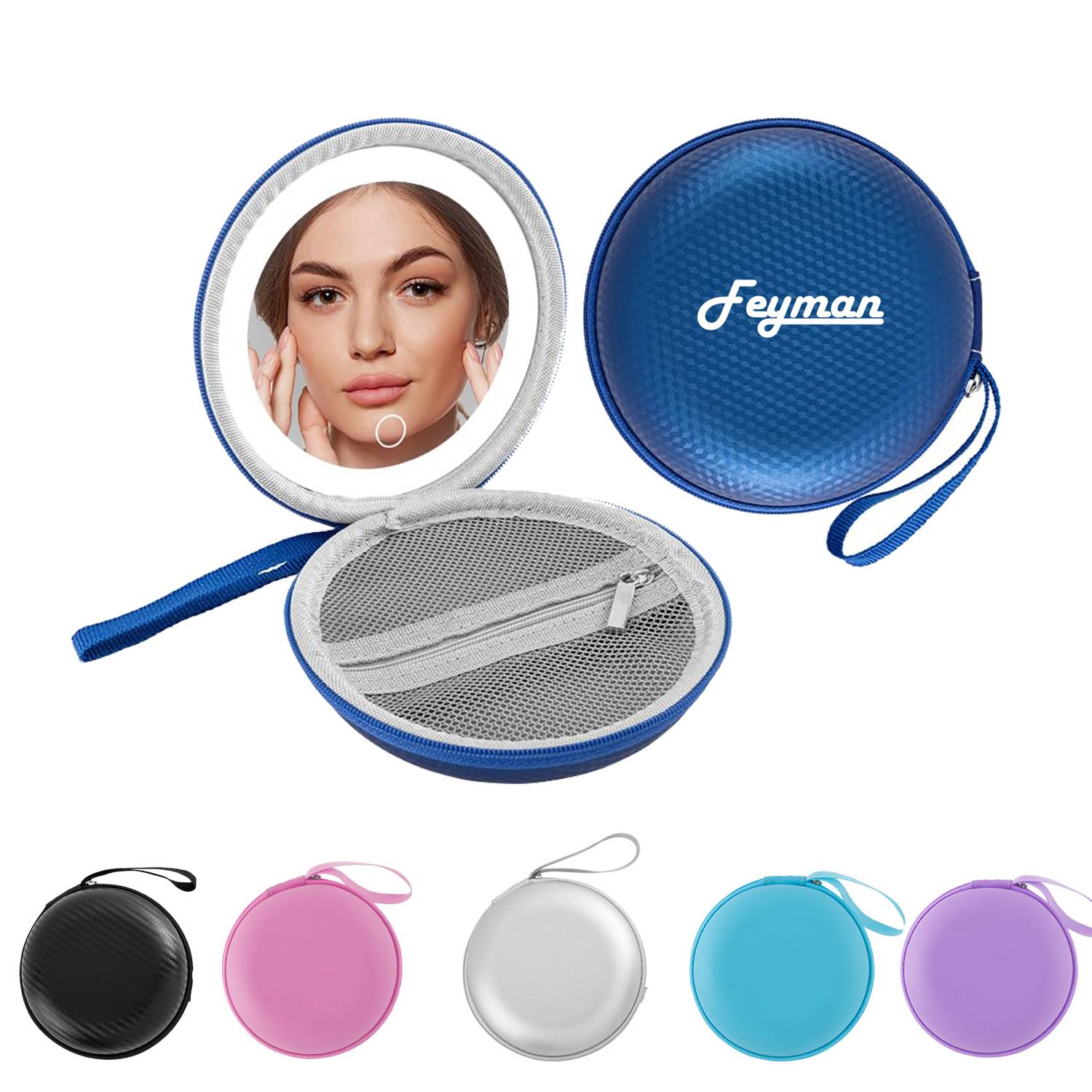 Circular portable LED illuminated makeup mirror
