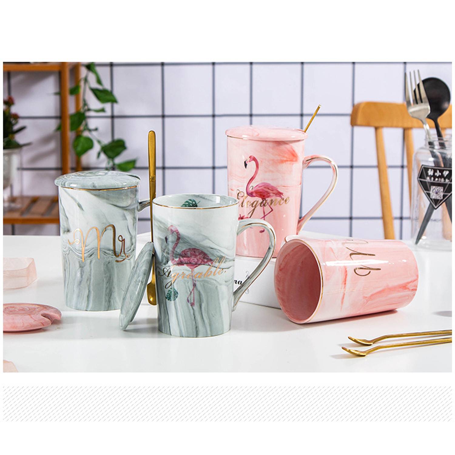 14oz Marble Pattern Ceramic Mug w/ Spoon - Image 7