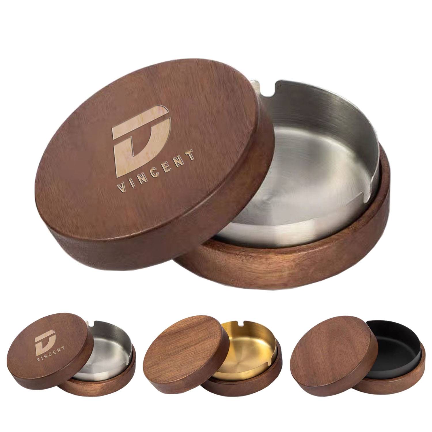 Wooden Round Windproof Ashtray w/ Lid