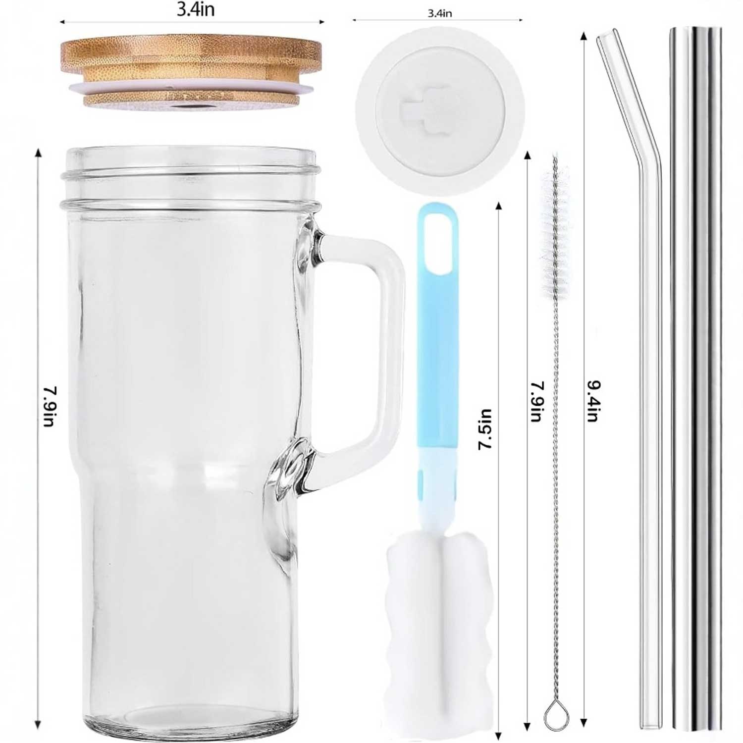 Bamboo Lid Mason Jar Glass Cup w/ Straw & Brush Set - Image 6