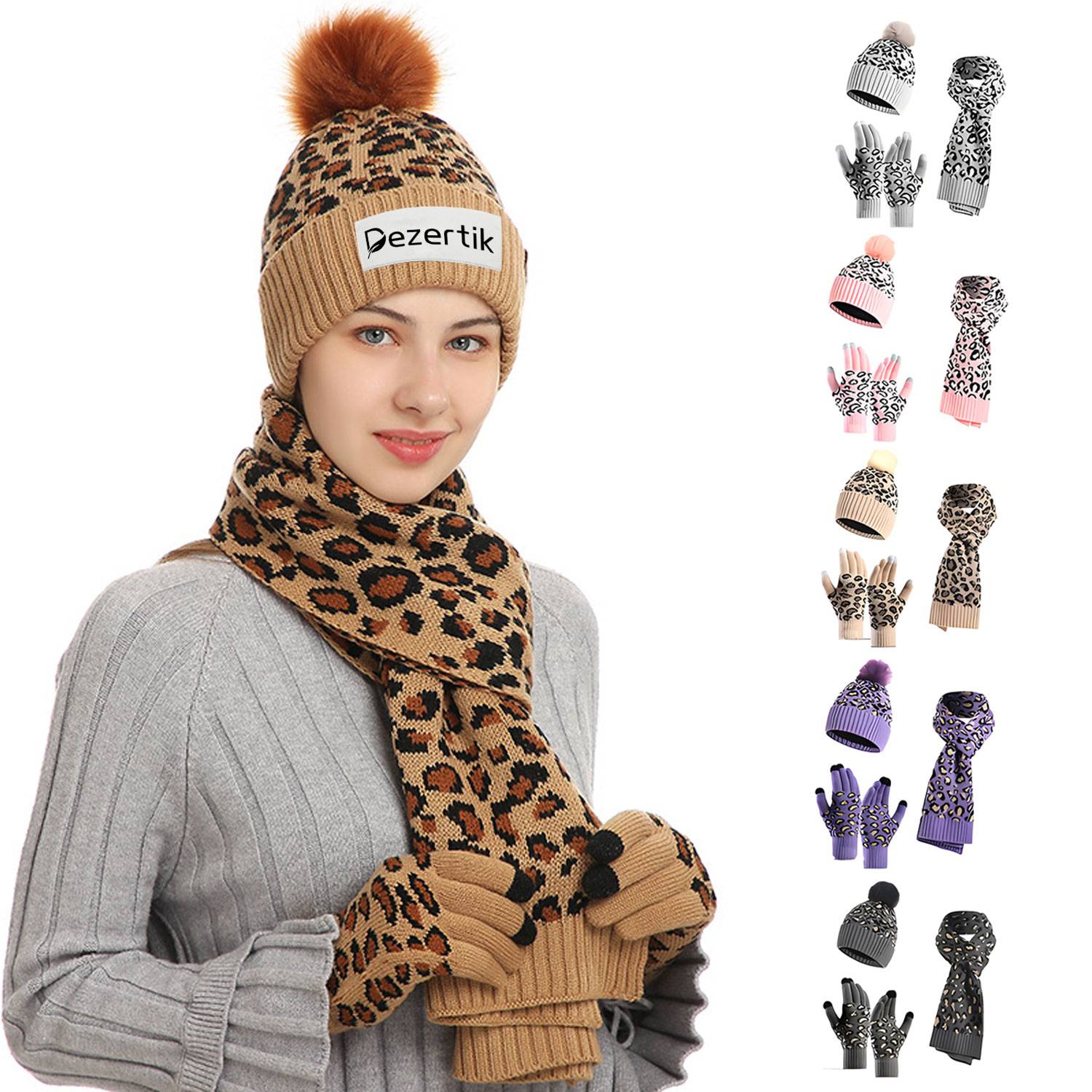 Leopard Print Warm Wool Knitted Hat, Scarf and Gloves Set
