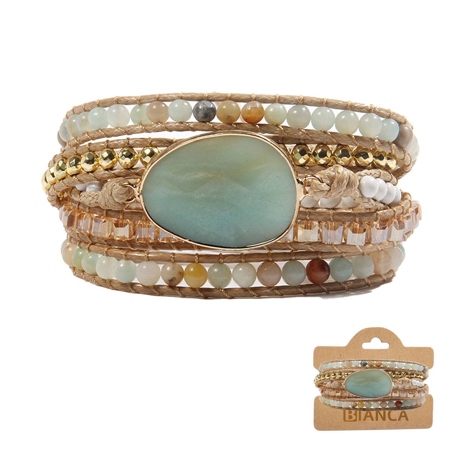 Natural Stone Crystal Leather Bead Wrap Bracelet