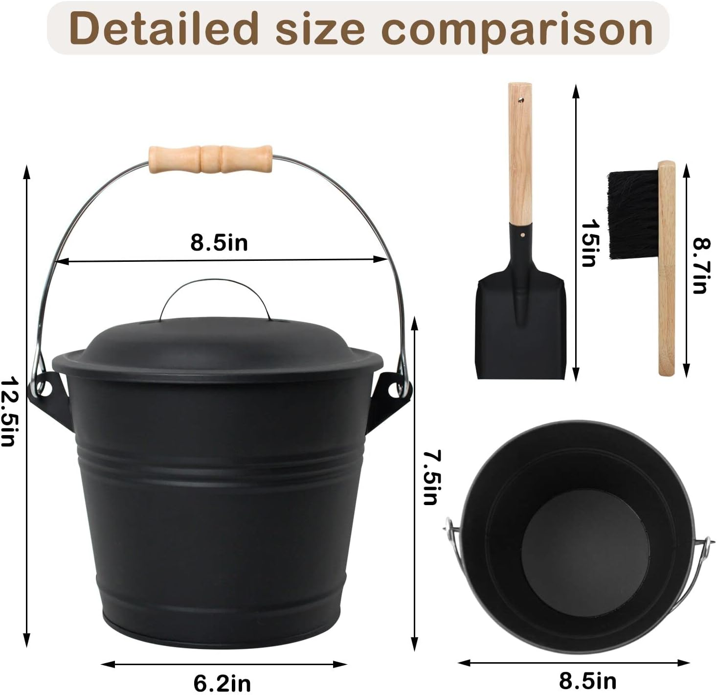 Mini Fireplace Ash Bucket Set w/ Lid, Brush & Shovel - Image 6