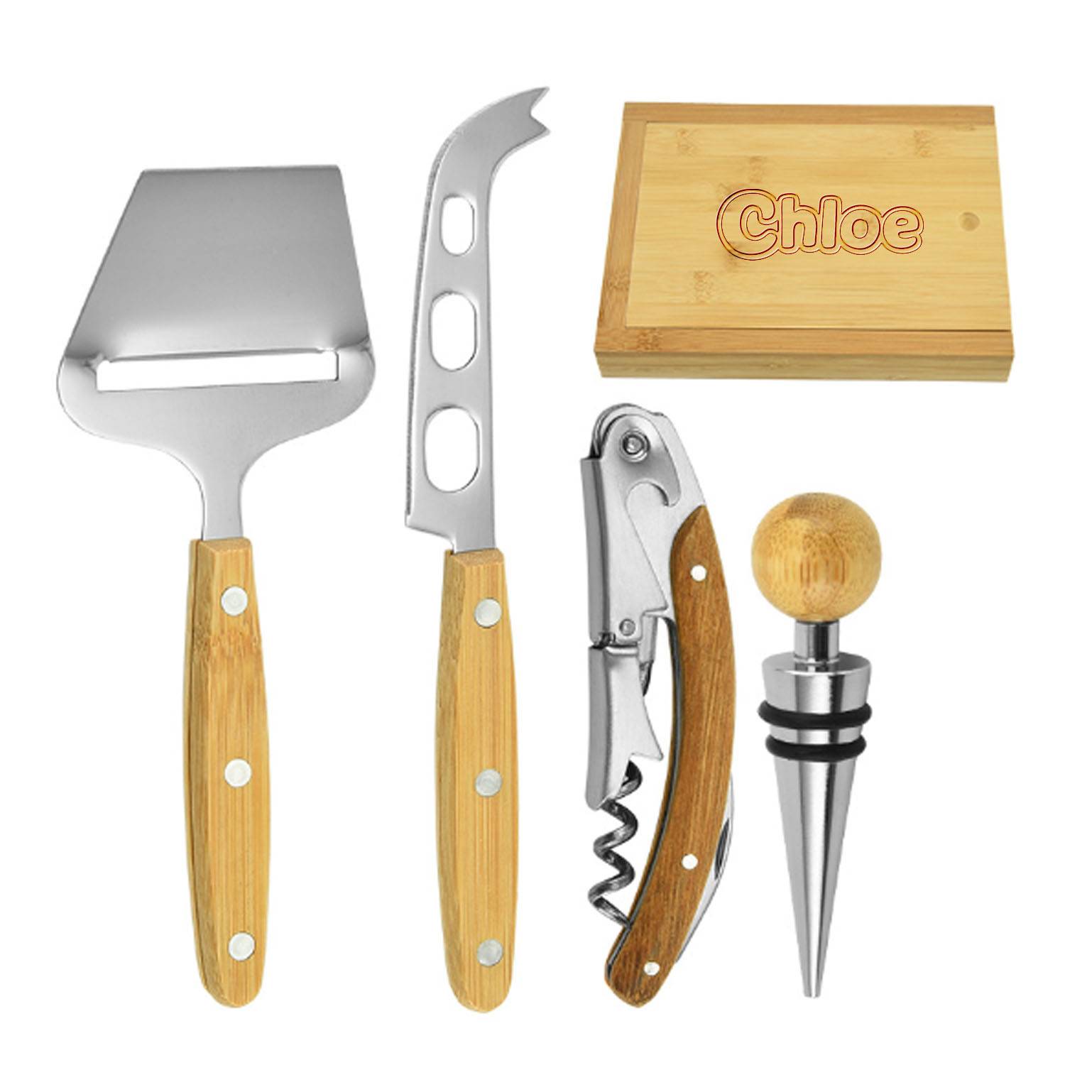 5PCS Bamboo Cheese Knife Spatula Wine Stopper Set w/ Box