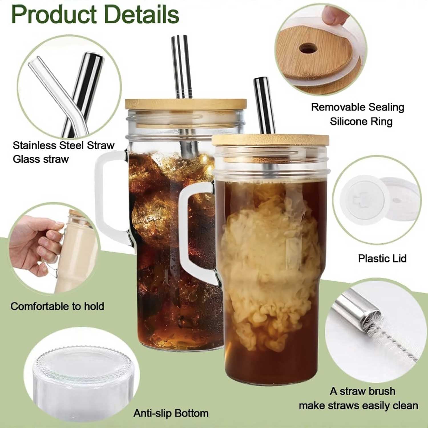 Bamboo Lid Mason Jar Glass Cup w/ Straw & Brush Set - Image 5