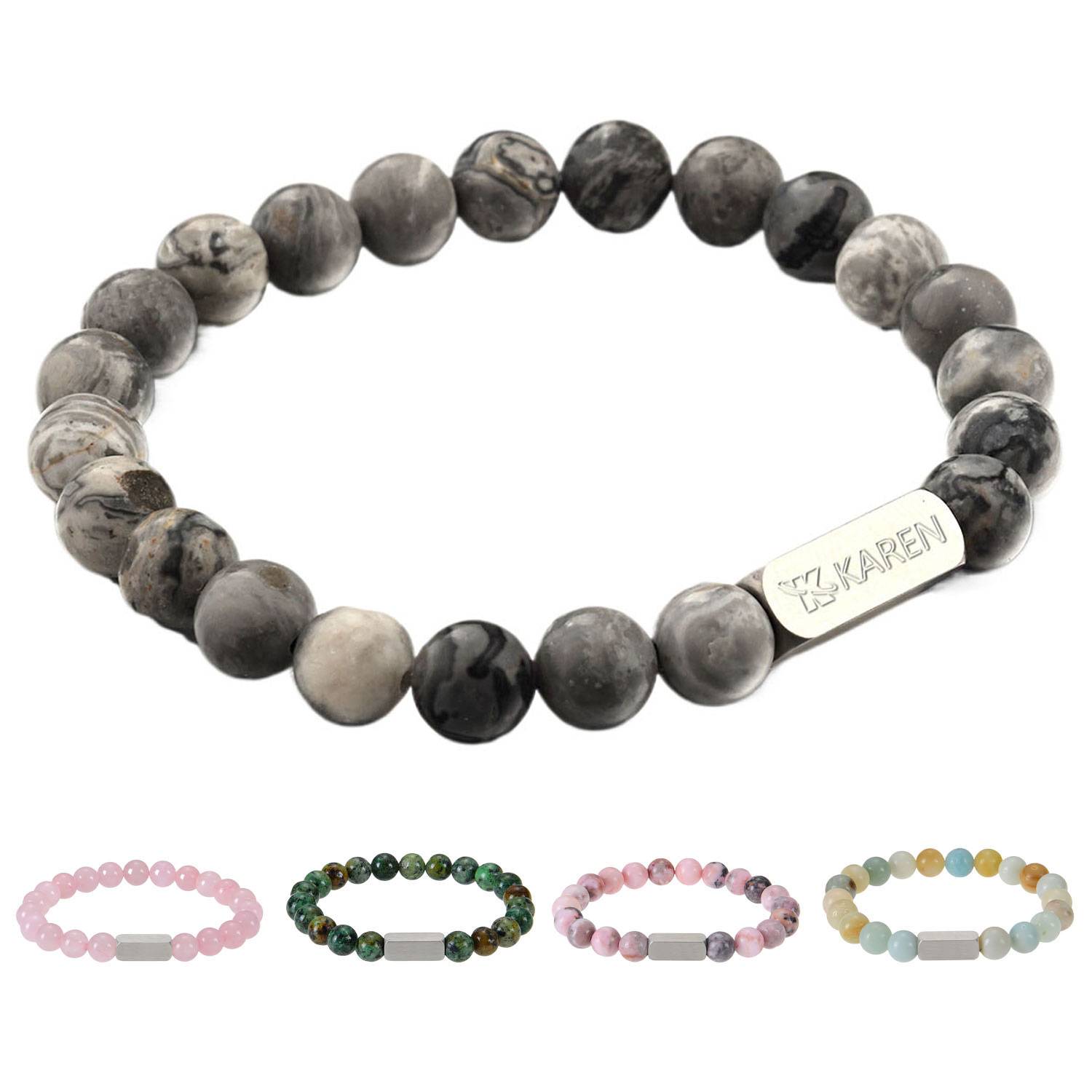 Round Stone Beads Bracelet w/ Stainless Steel Tag