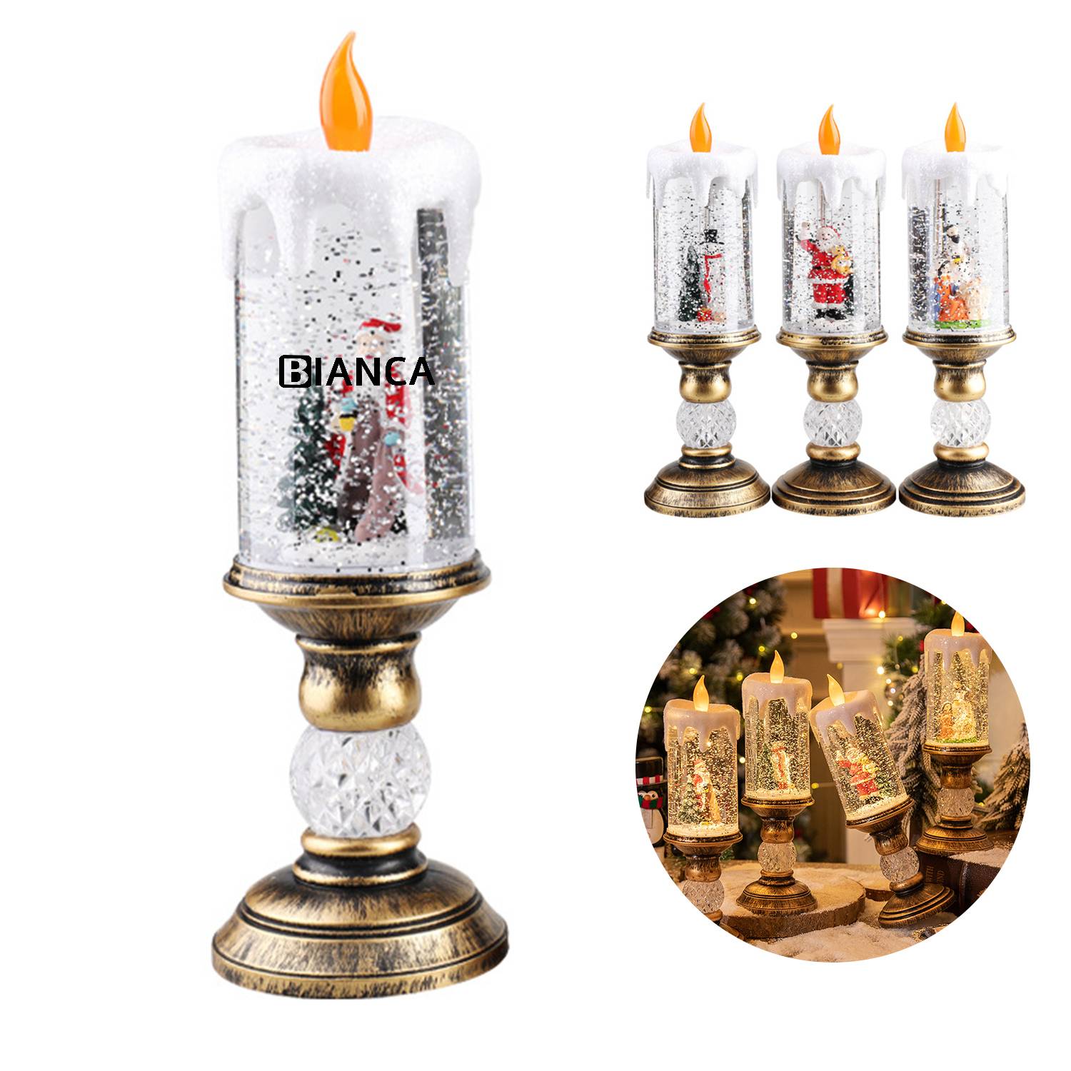 Christmas Candles with Santa Claus Snowman