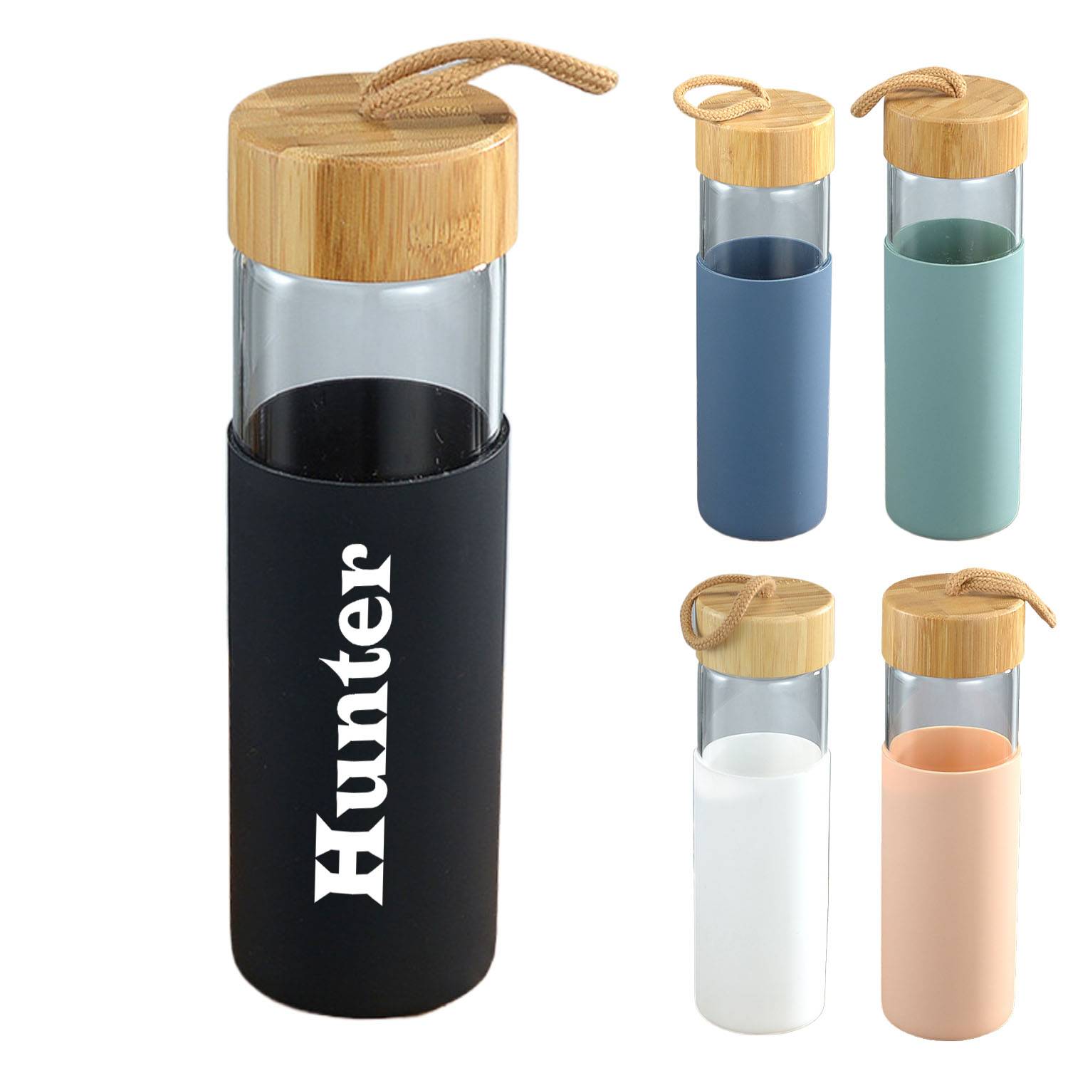 16oz Glass Water Bottle With Bamboo Lid And Silicone Sleeve