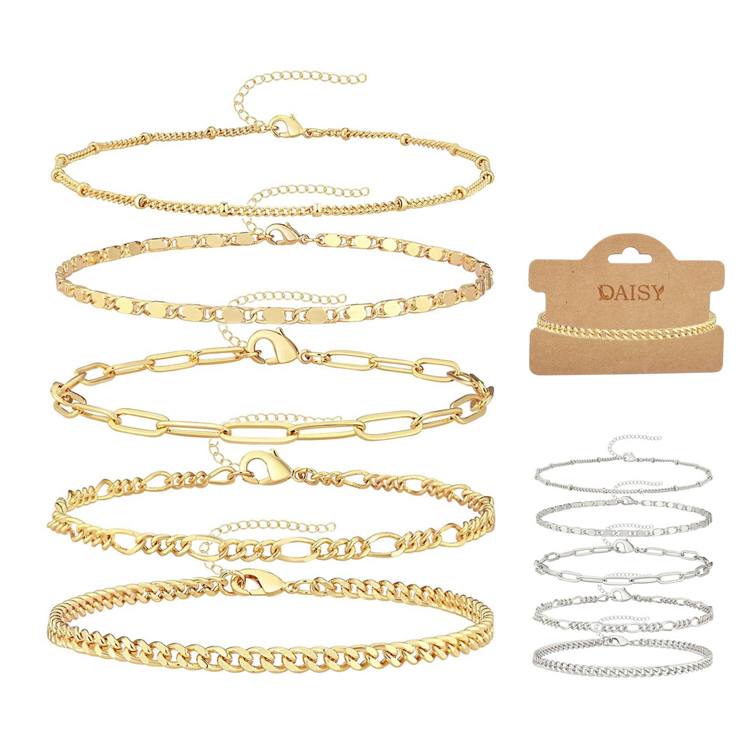 14K Real Gold Plated Link Chain Bracelets Set for Women