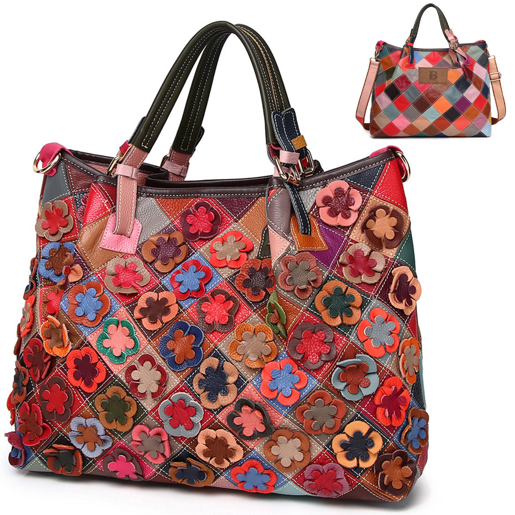 Genuine Leather Colorful flowers hand-paneled plaid tote bag