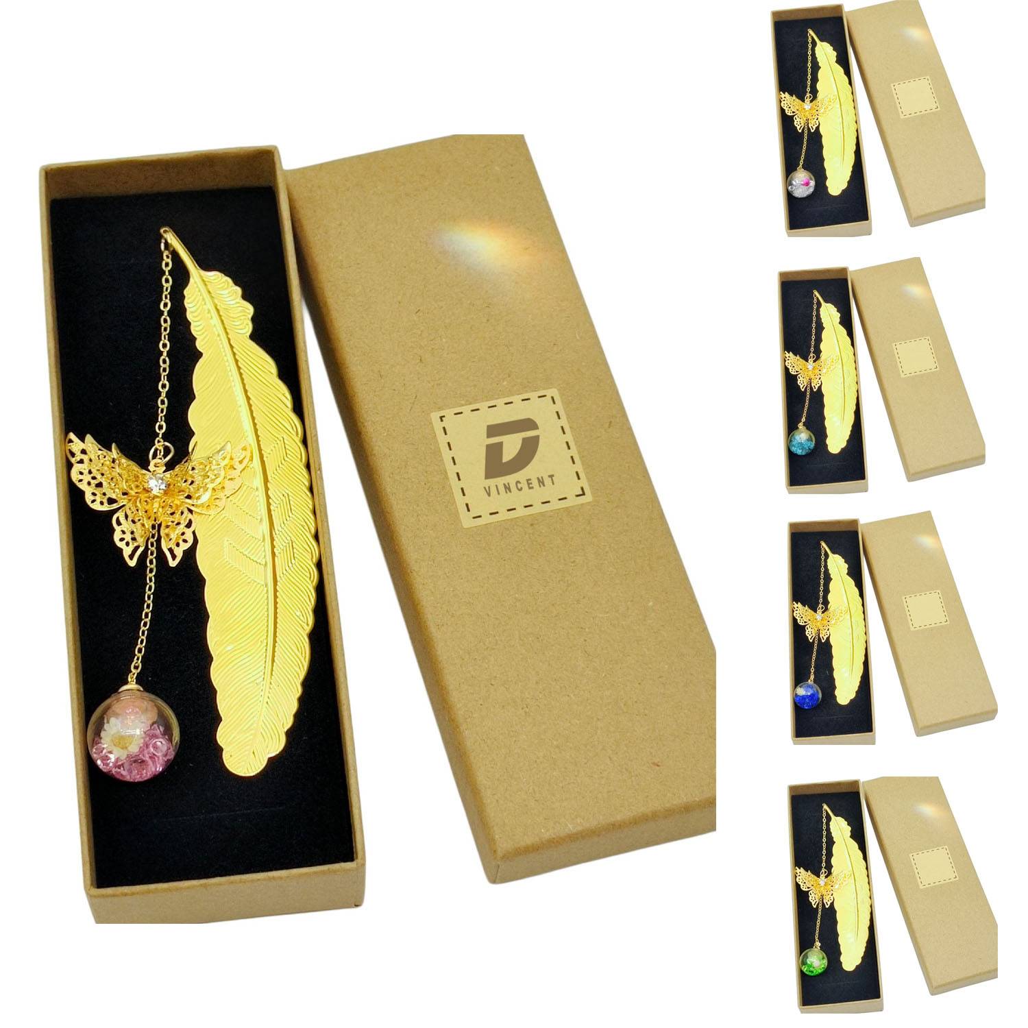 Metal Feather Bookmark w/ Butterfly and Glass Bead