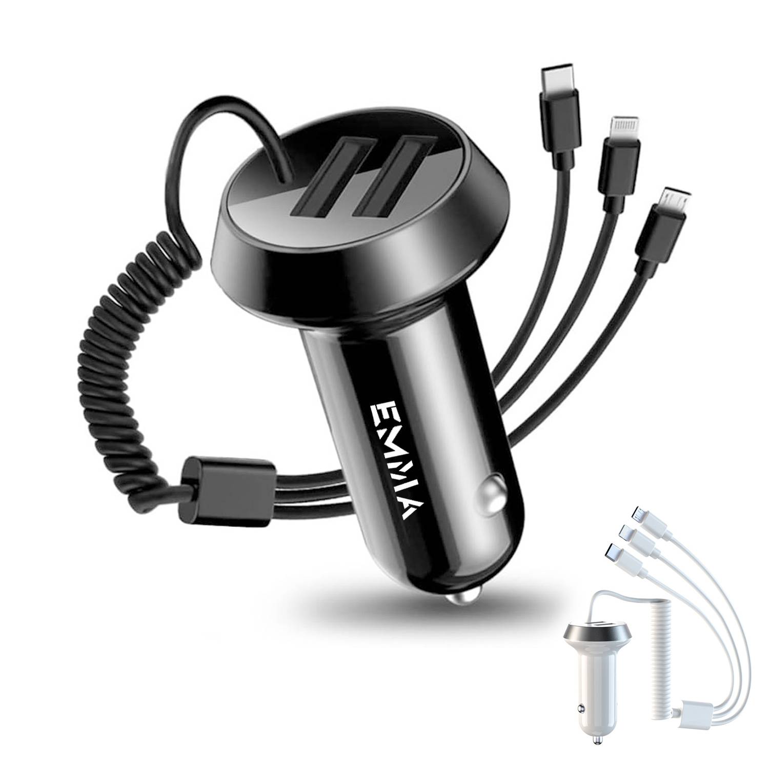 3 in 1 Fast Dual Ports Car Charger with Stretchable Cable