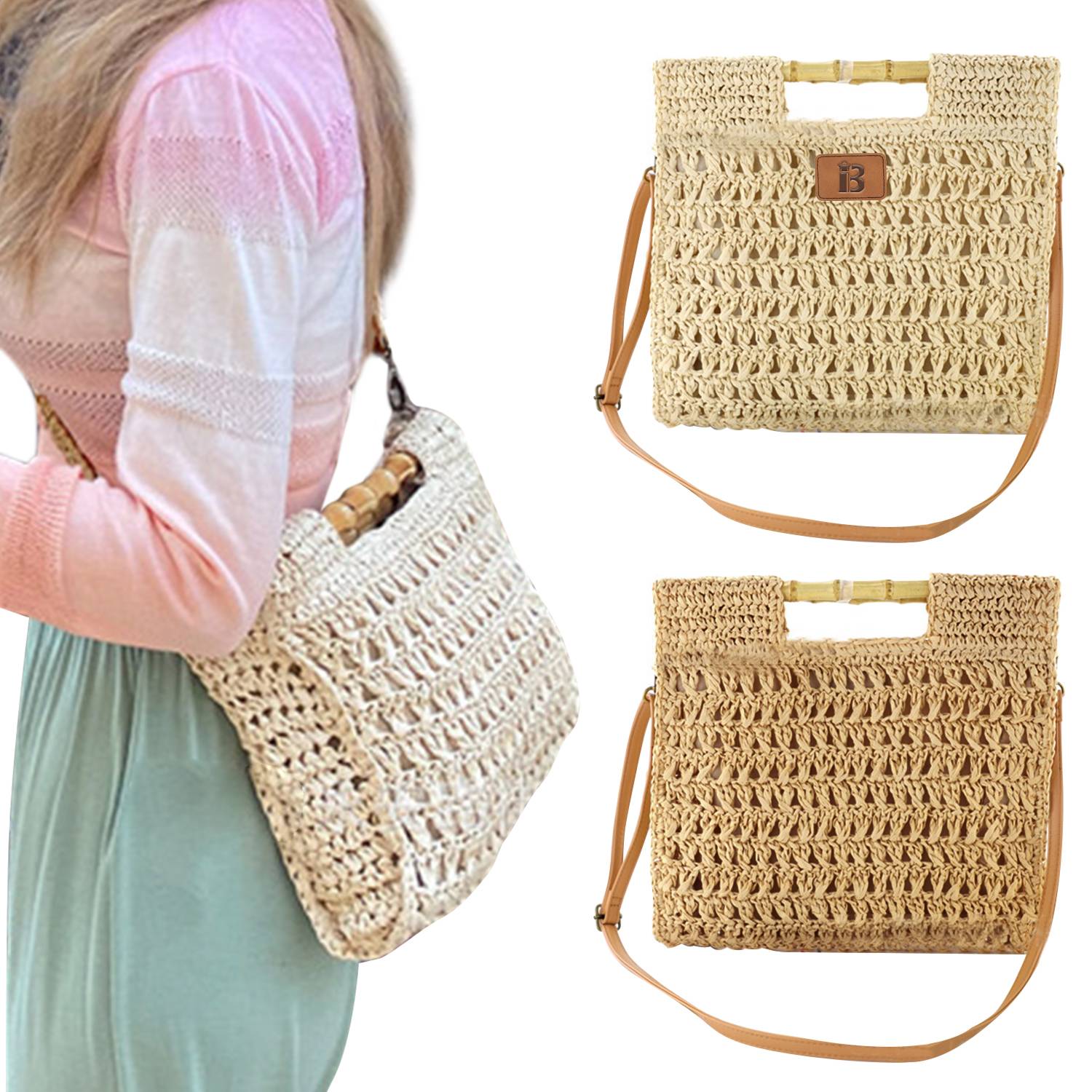 Jute Straw Beach Bamboo Top Handle Handbag Crossbody Bag