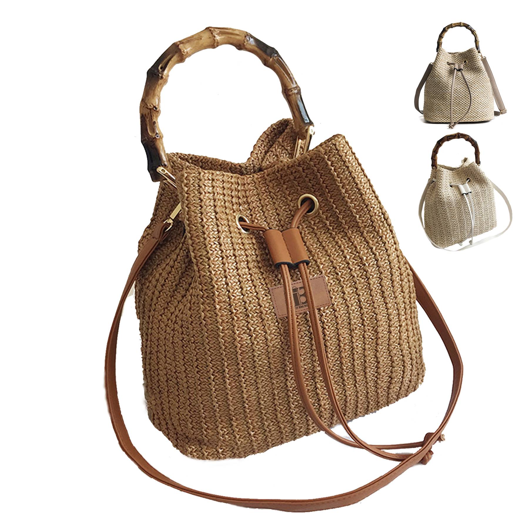 Jute Crossbody Bag Bucket Handbags With Bamboo Handle