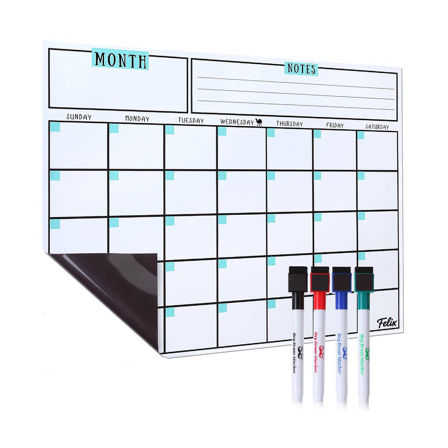 PVC Magnetic Reusable Fridge Whiteboard Calendar w/4 Markers