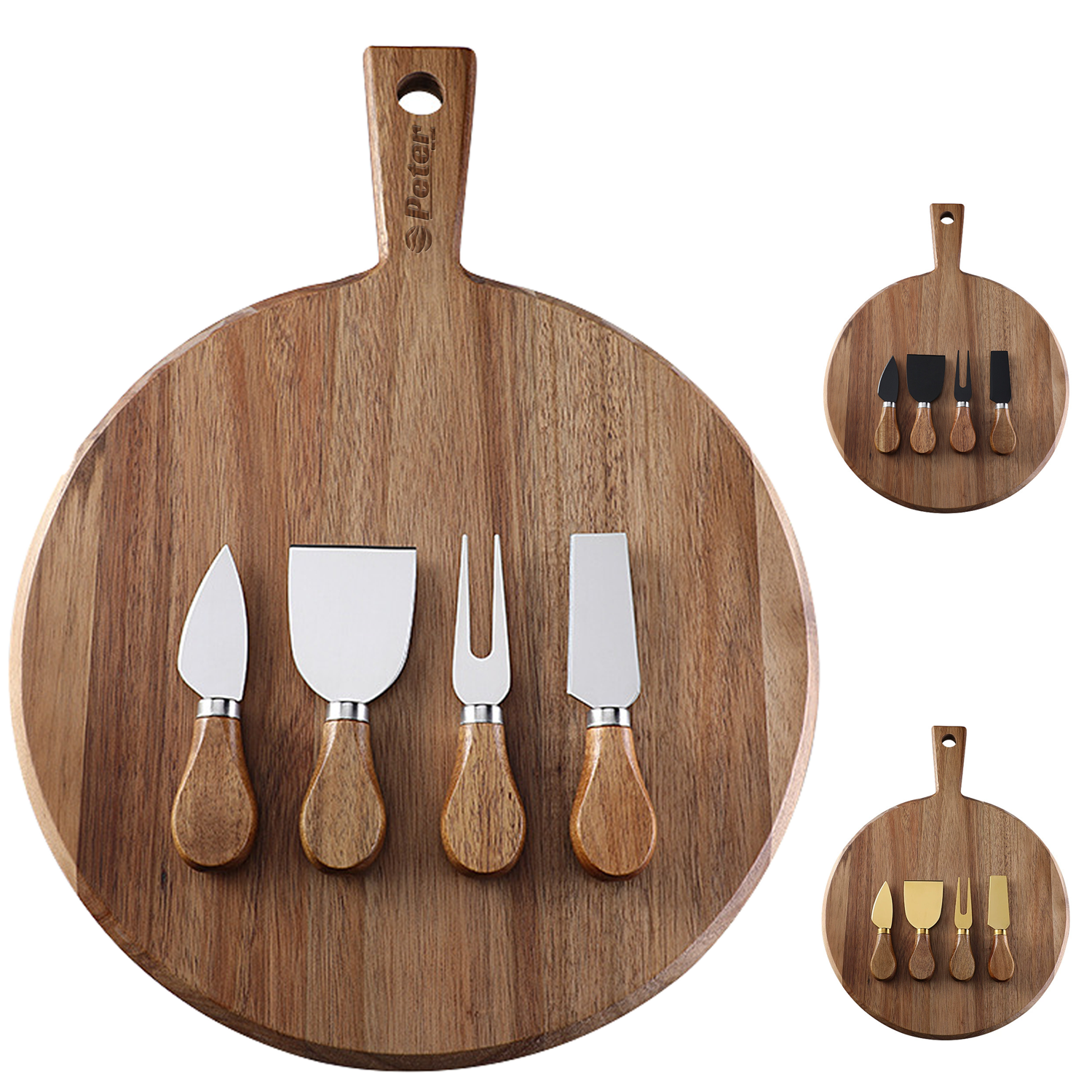 Wood Round Cheese Board Set W/ 4 Stainless Steel Knives