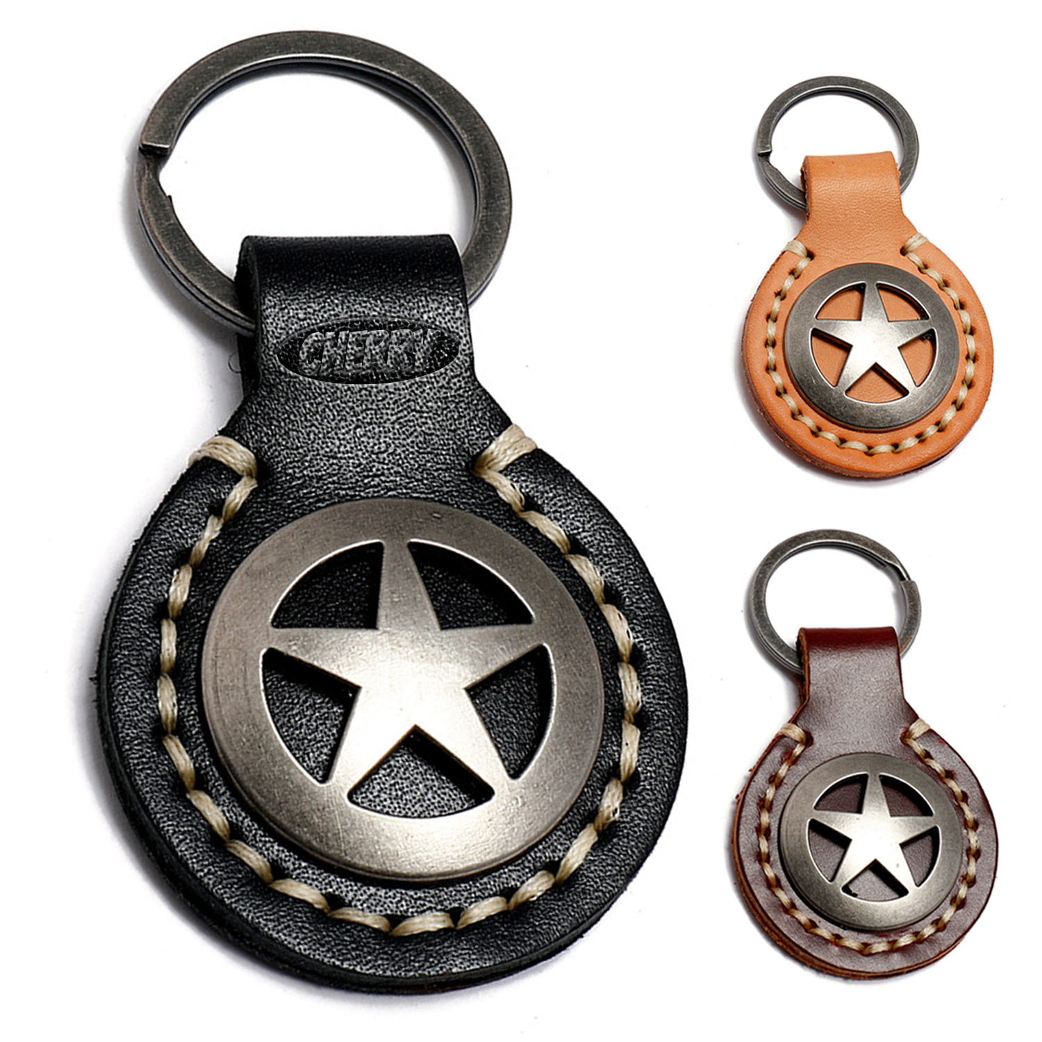 Cowhide Star Circle Keychain