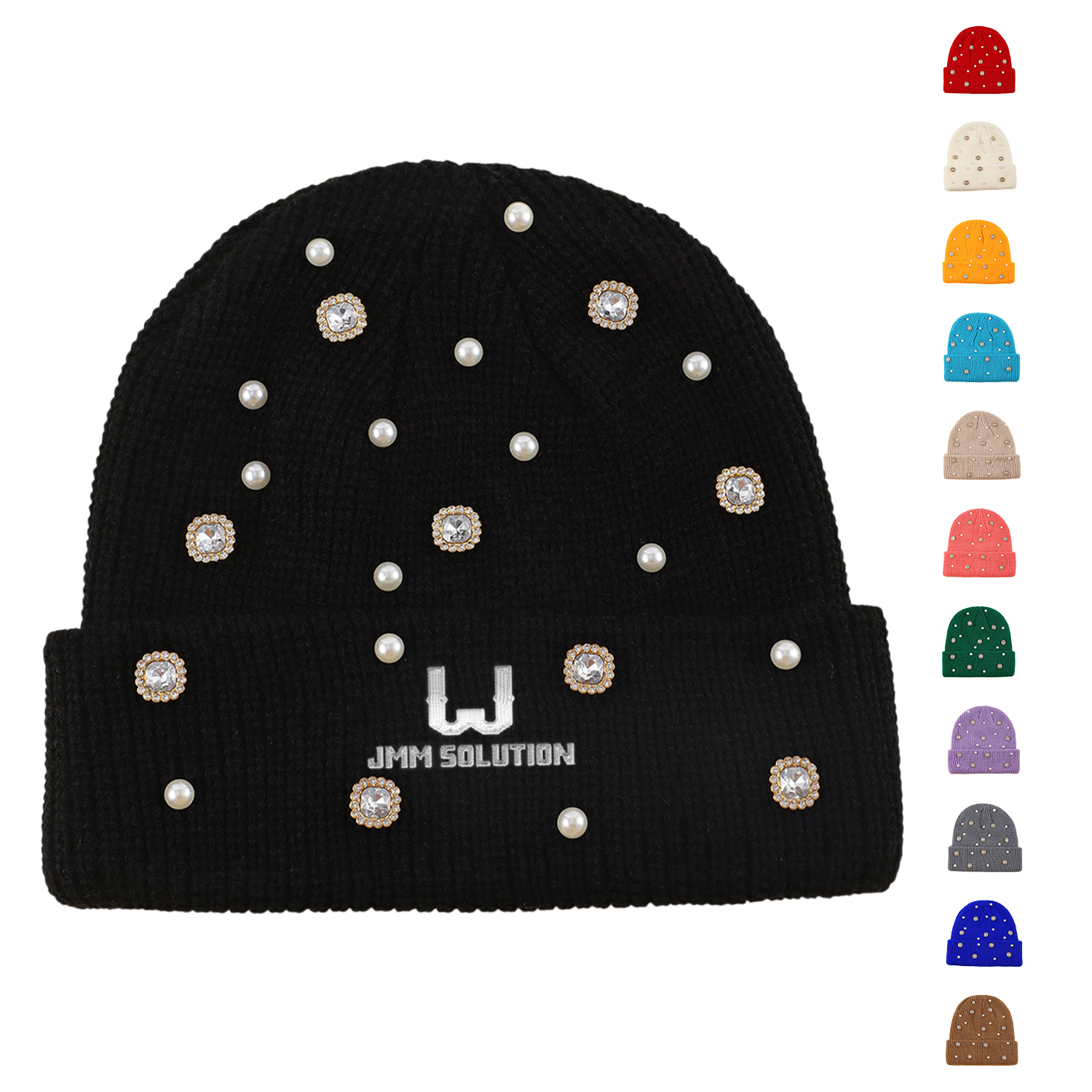 Pearl Rhinestone Decor Acrylic Knit Beanie Hat