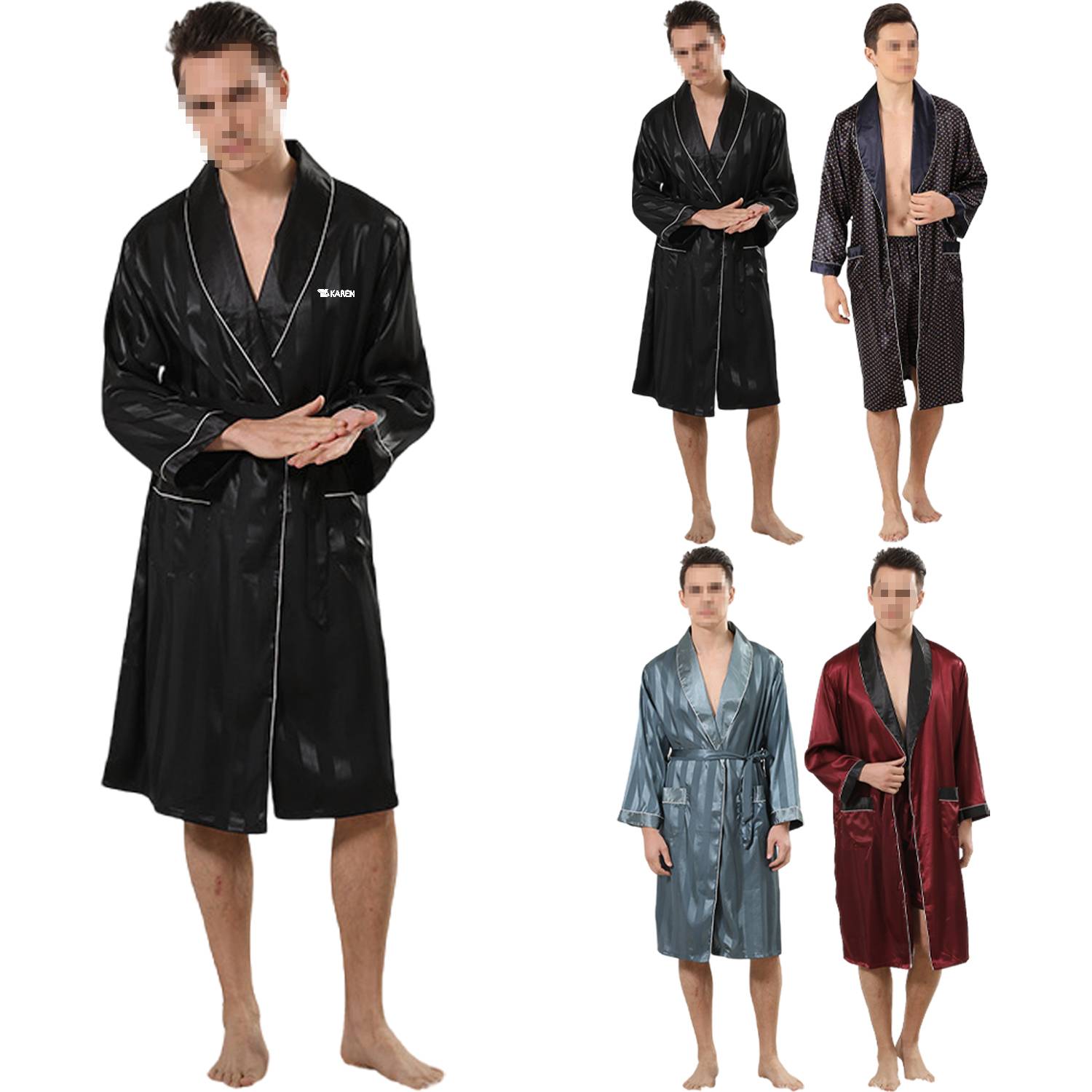 Men Polyester Bathrobe Sleepwear Shorts Set