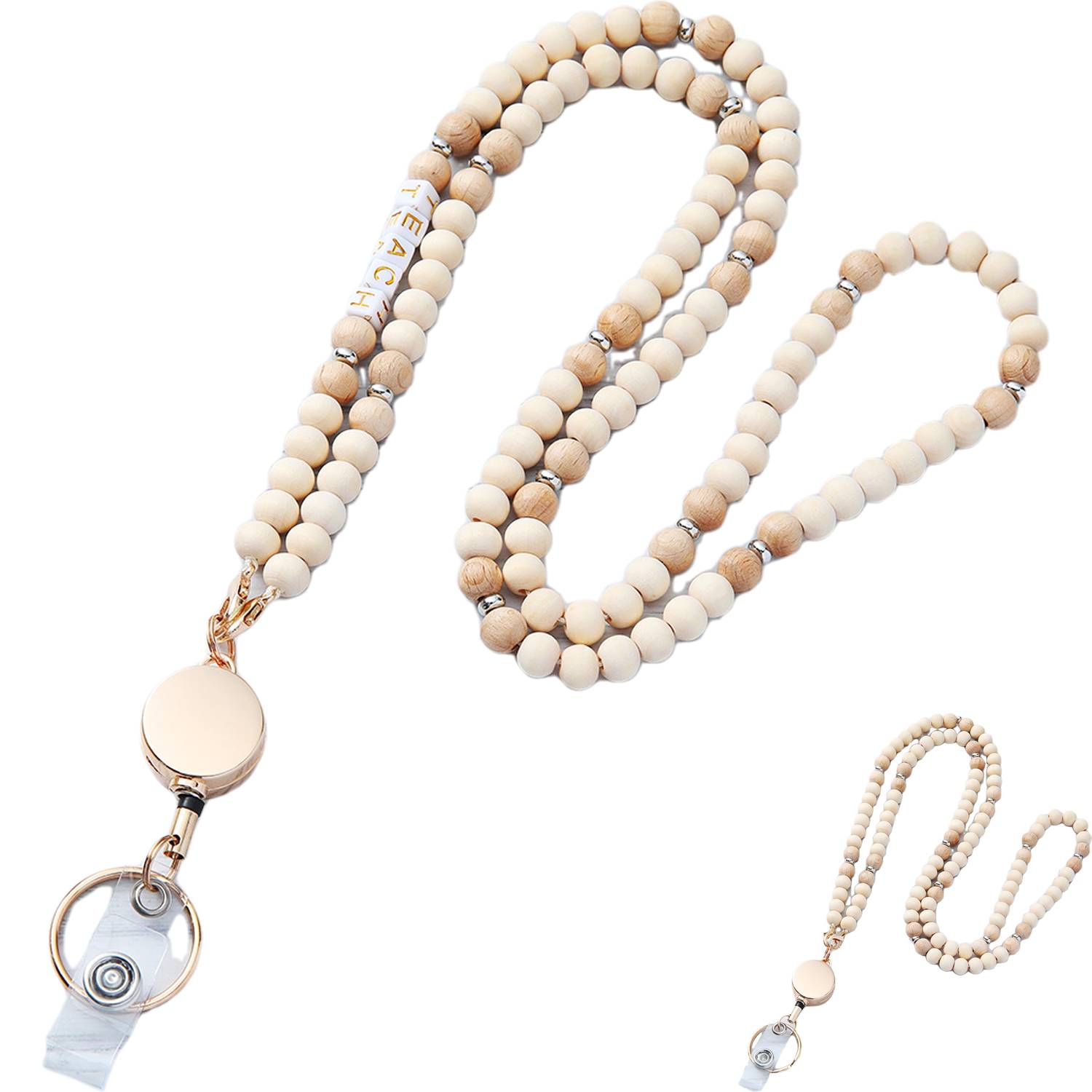 Wooden Bead Zipper Pull Retractable Lanyard Set