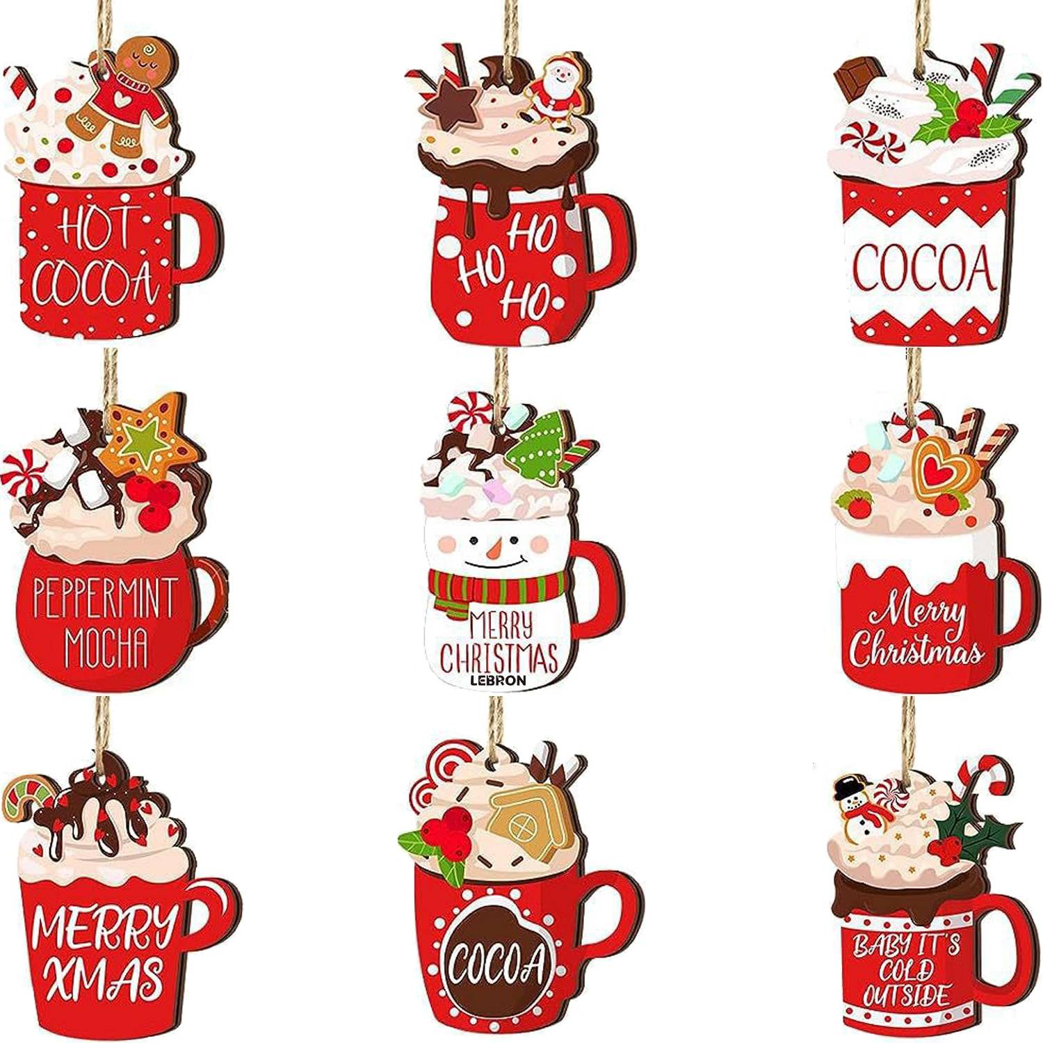 9 PCS Wooden Christmas Mug Ornaments Set