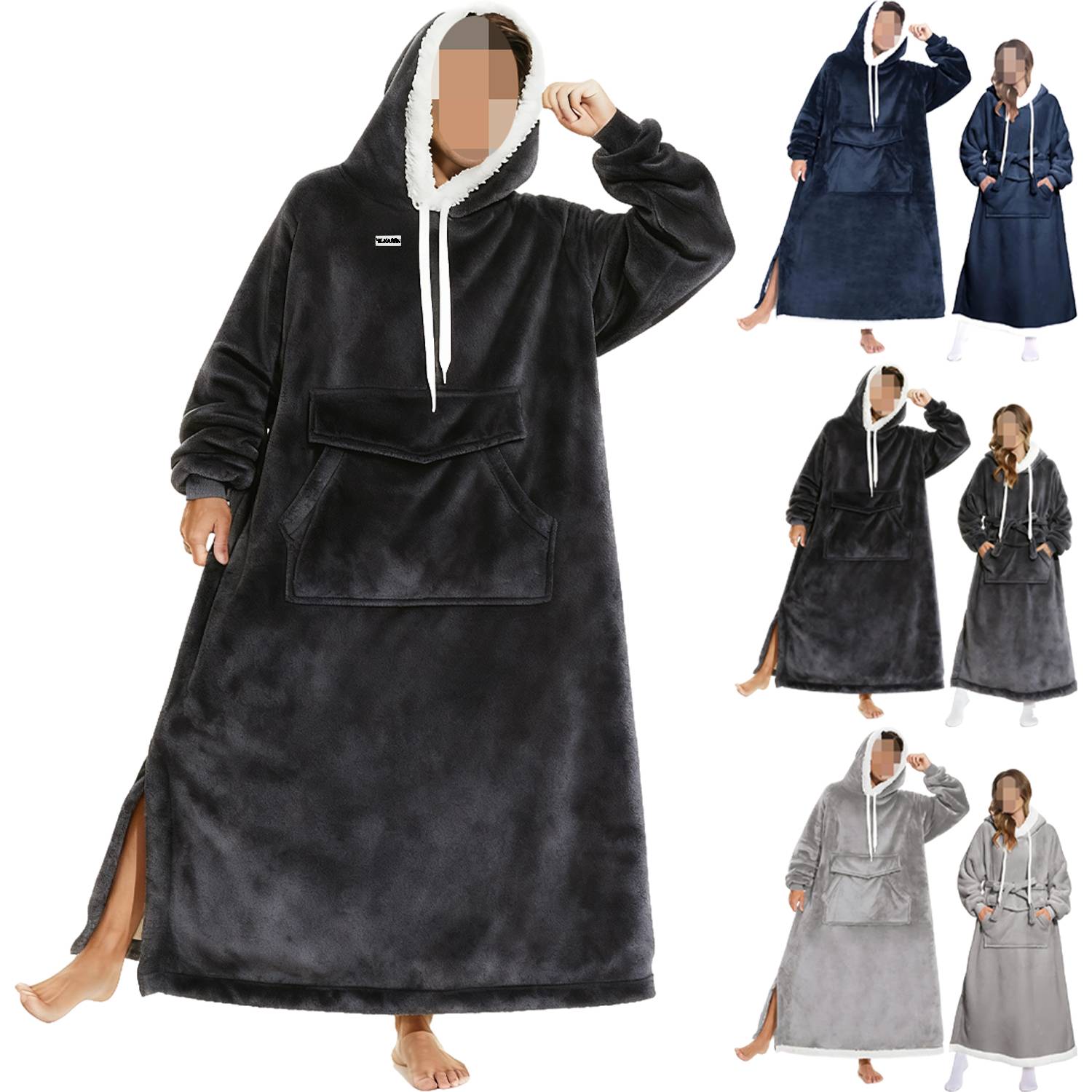 Oversized Long Warm Fleece Blanket Hoodie w/ Drawstring