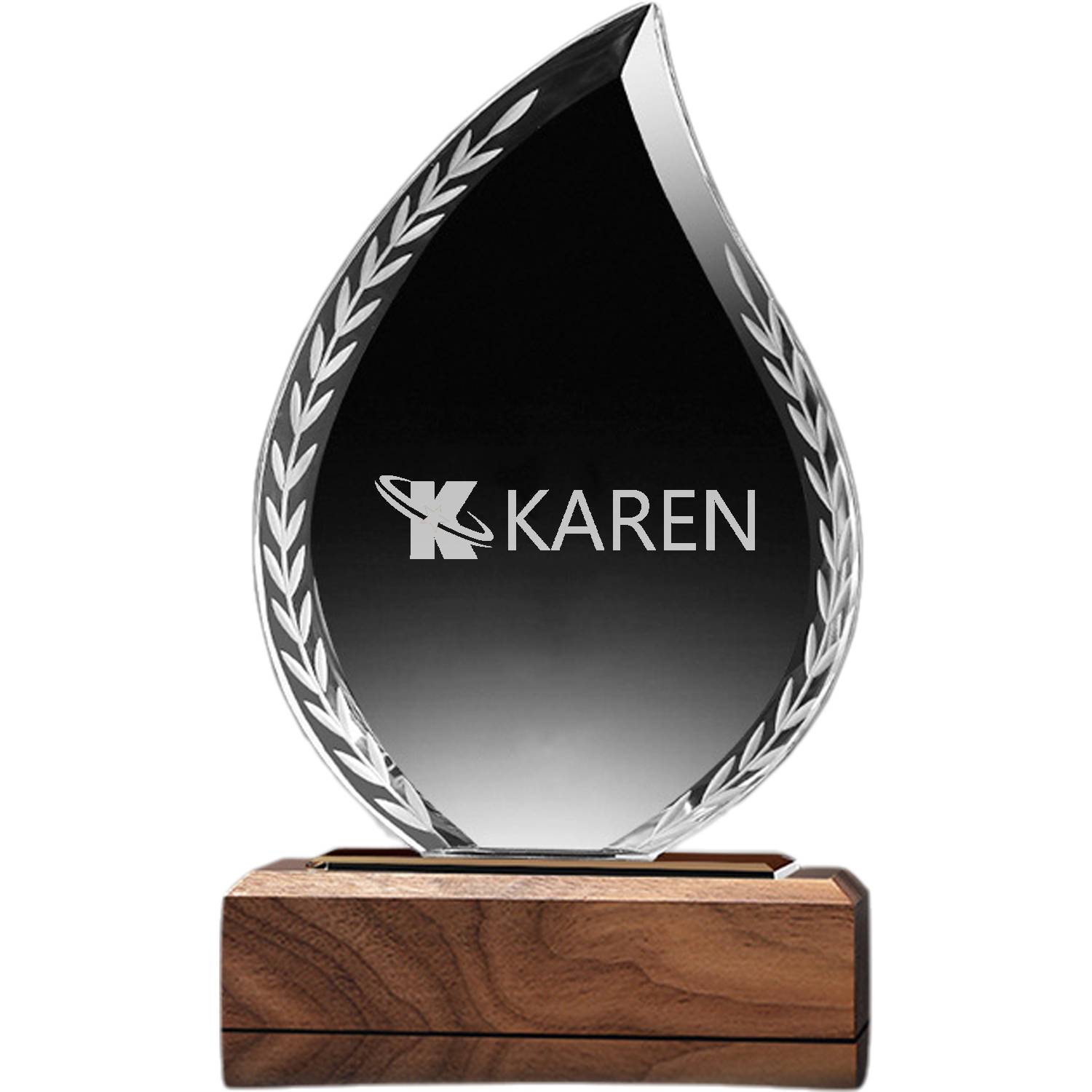 Teardrop Shaped Crystal Award Trophy w/ Wood Base