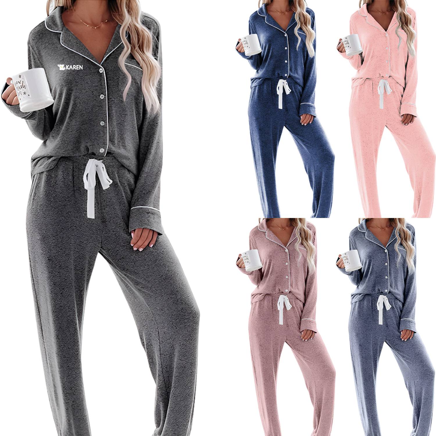 Women Long Sleeve Lapel Button Solid Color Pajama Set