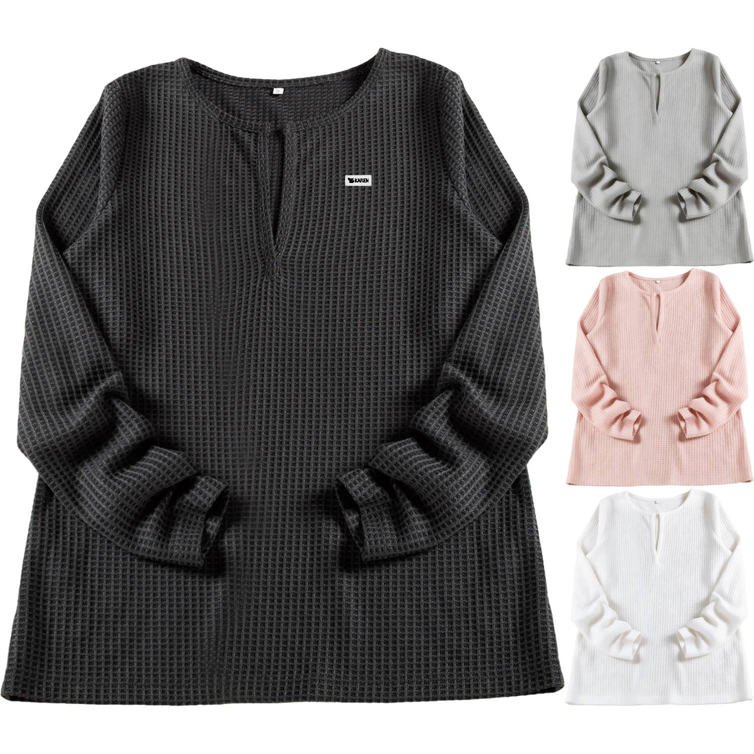 Women Long Sleeve V-Neck Waffle Shirt