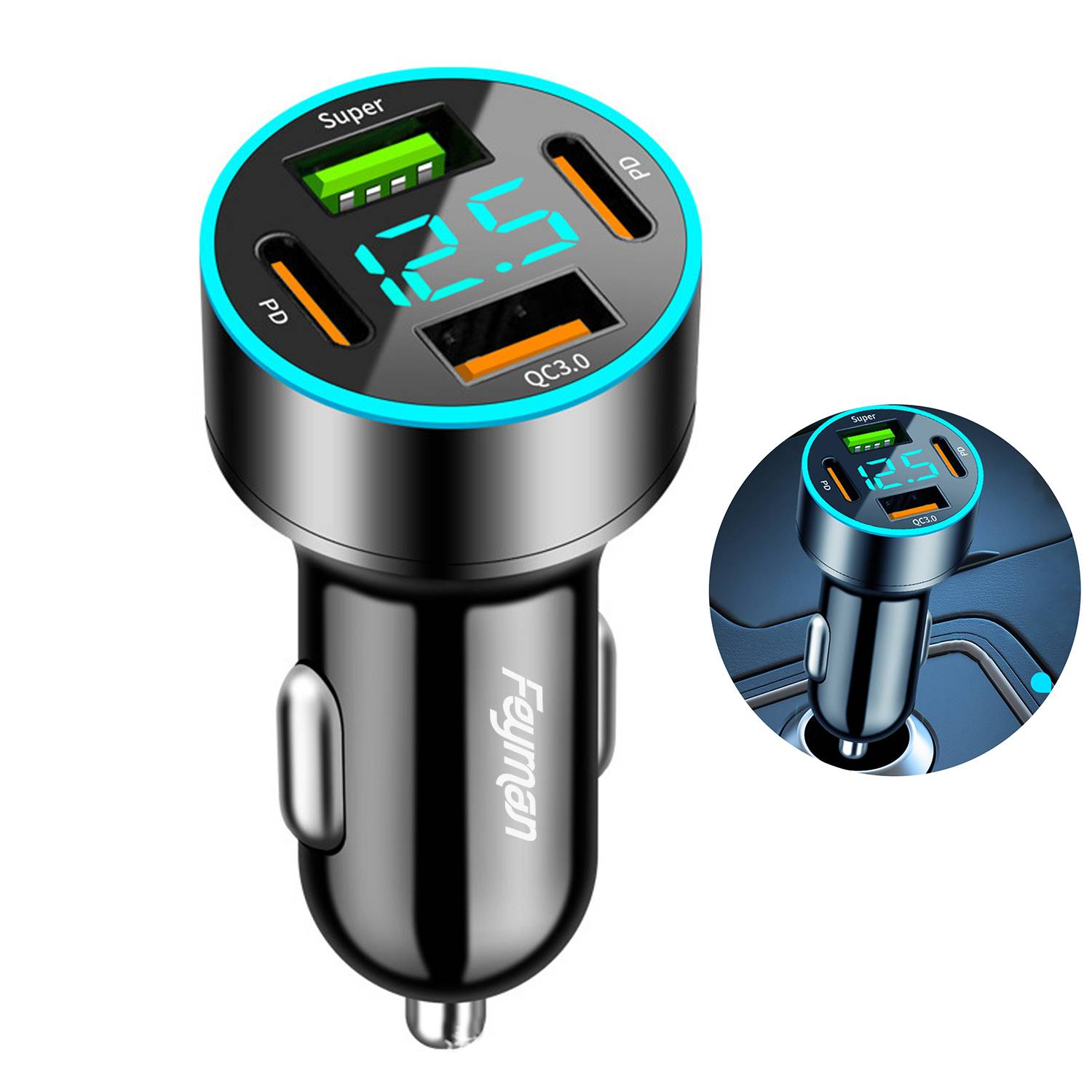 66W 4-Port Digital Display USB Fast Charging Car Charger