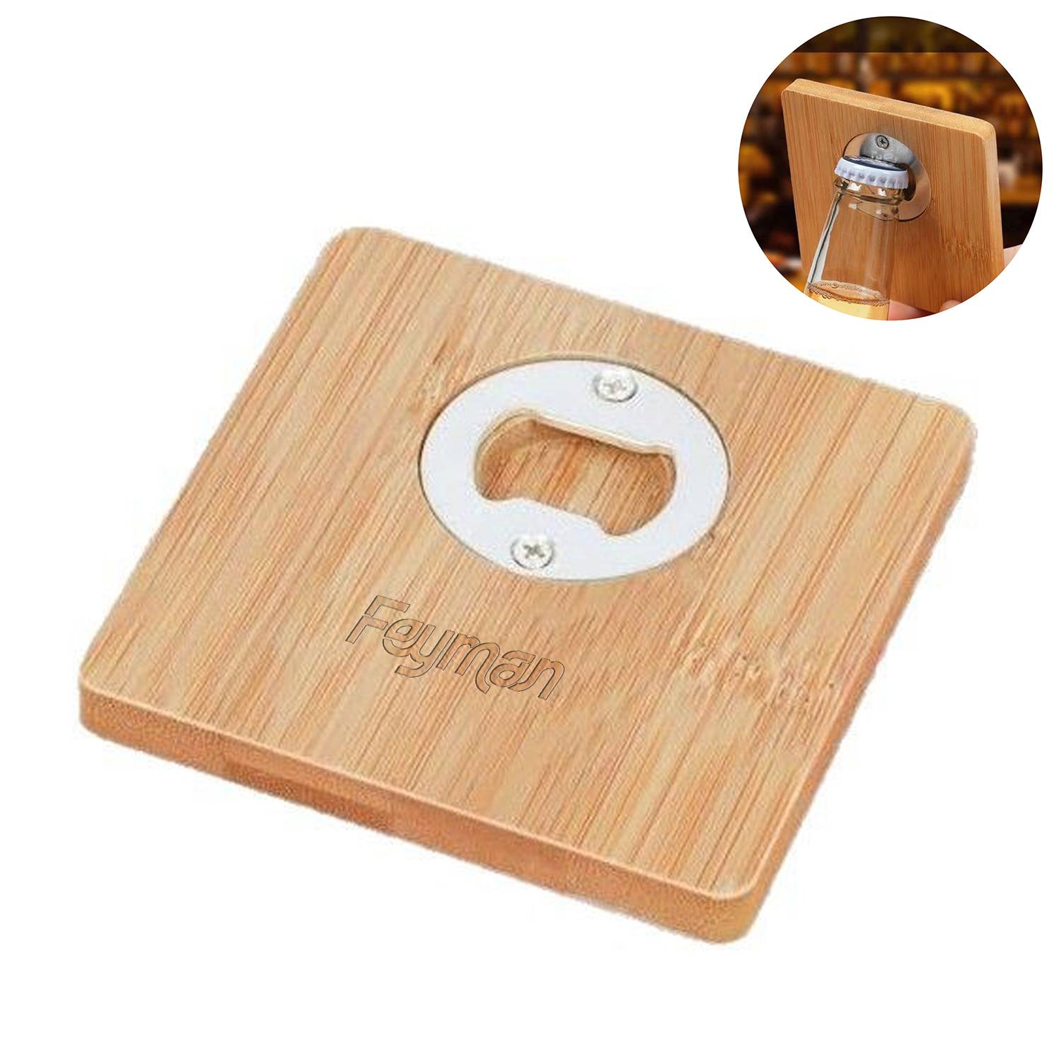 2 in 1 Square Bamboo Coaster Bottle Opener
