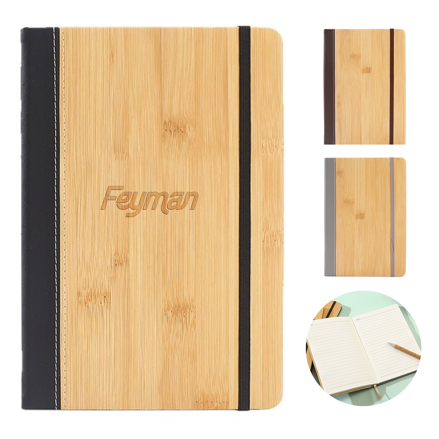 A5 Bamboo-Pattern PU Leather Notebook w/ Elastic Band
