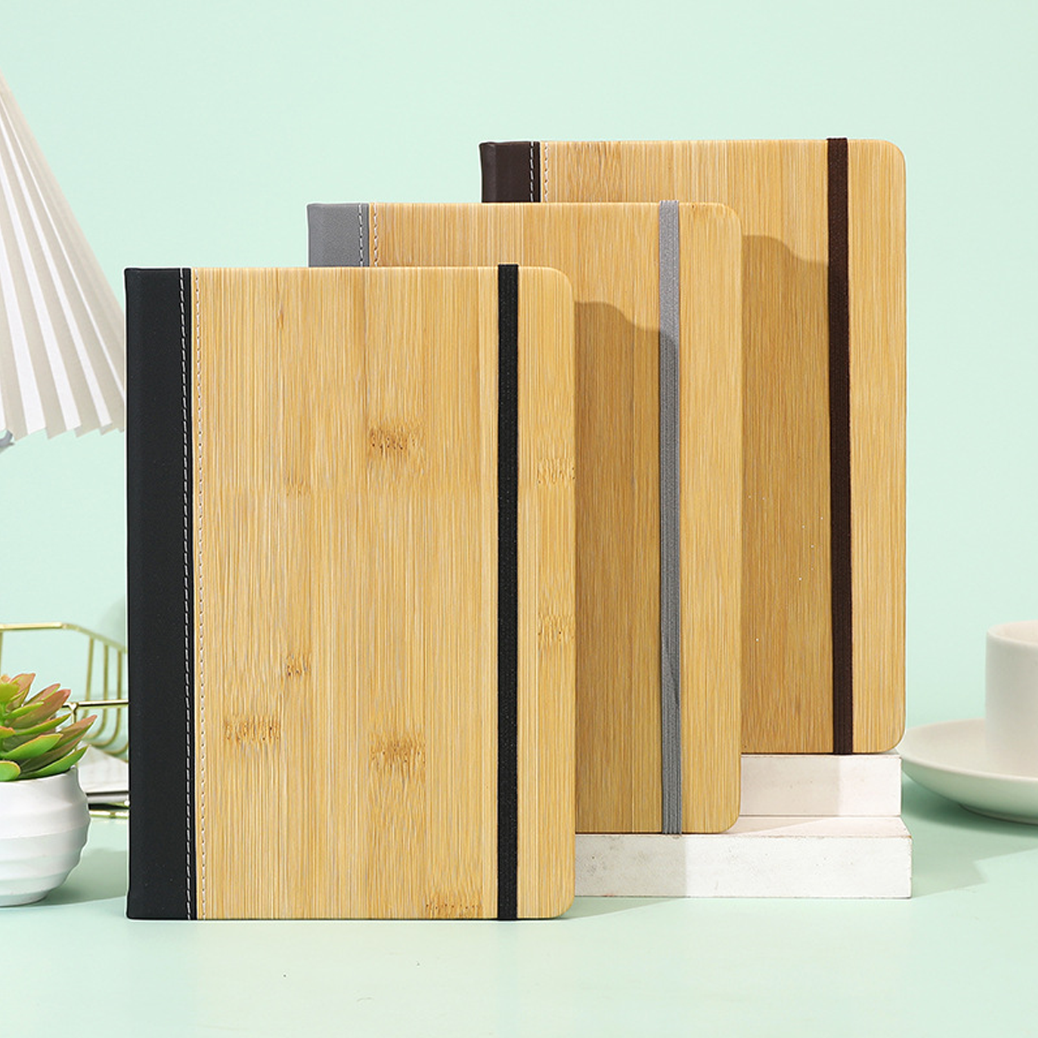 A5 Bamboo-Pattern PU Leather Notebook w/ Elastic Band - Image 3