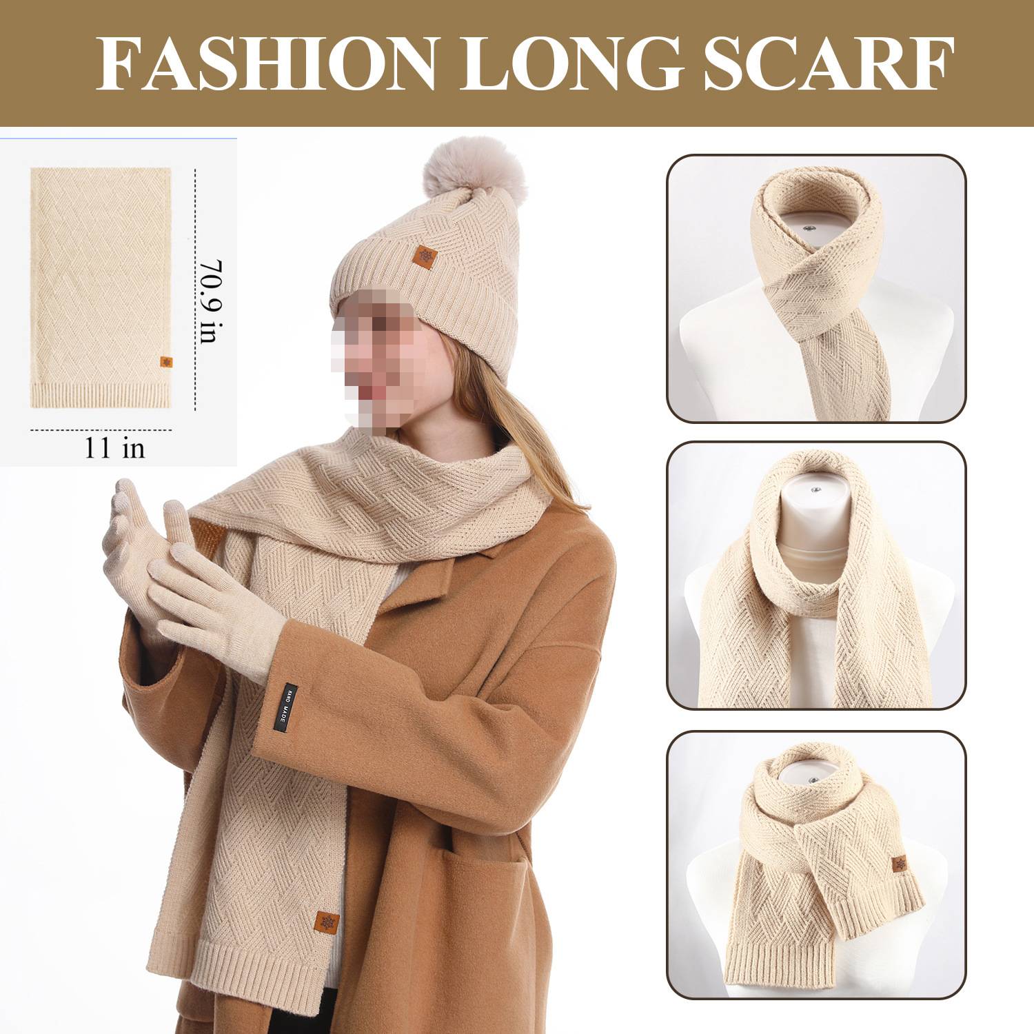 3 Pcs Winter Hat Scarf Gloves Knit Set - Image 4