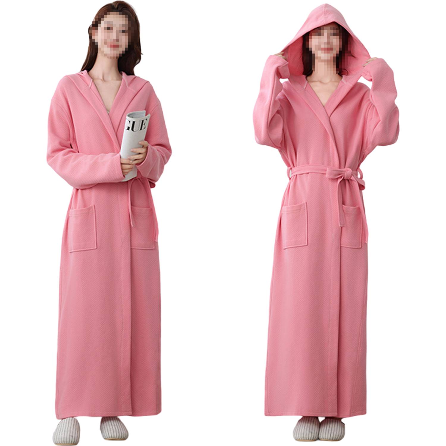 Women Hooded Cotton Bathrobe All-Season Long Robe - Image 6