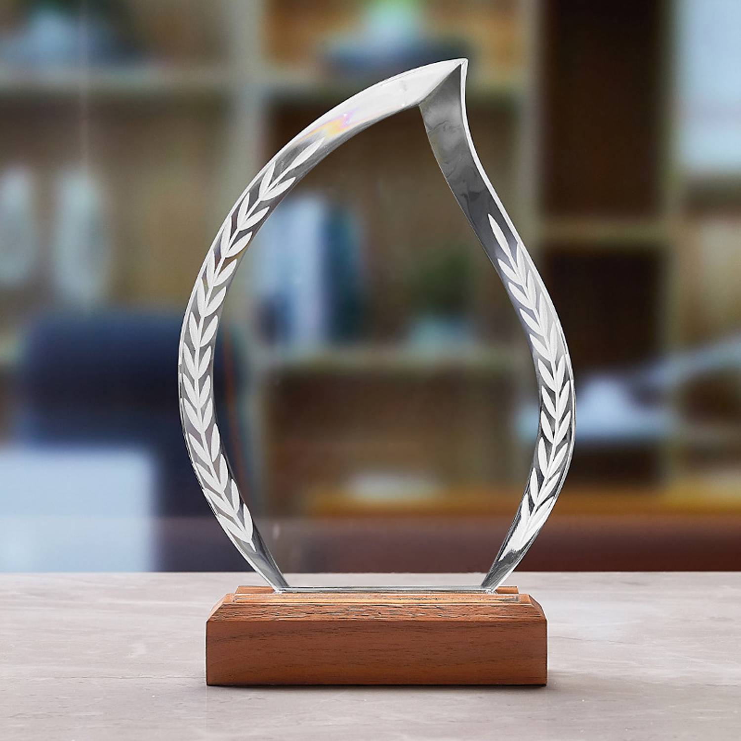 Teardrop Shaped Crystal Award Trophy w/ Wood Base - Image 3