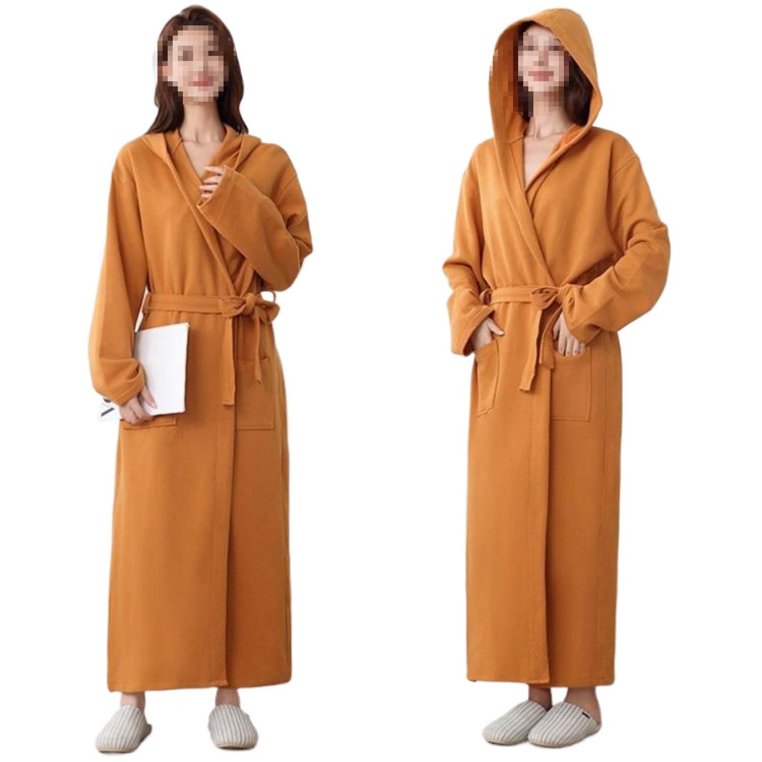 Women Hooded Cotton Bathrobe All-Season Long Robe - Image 5