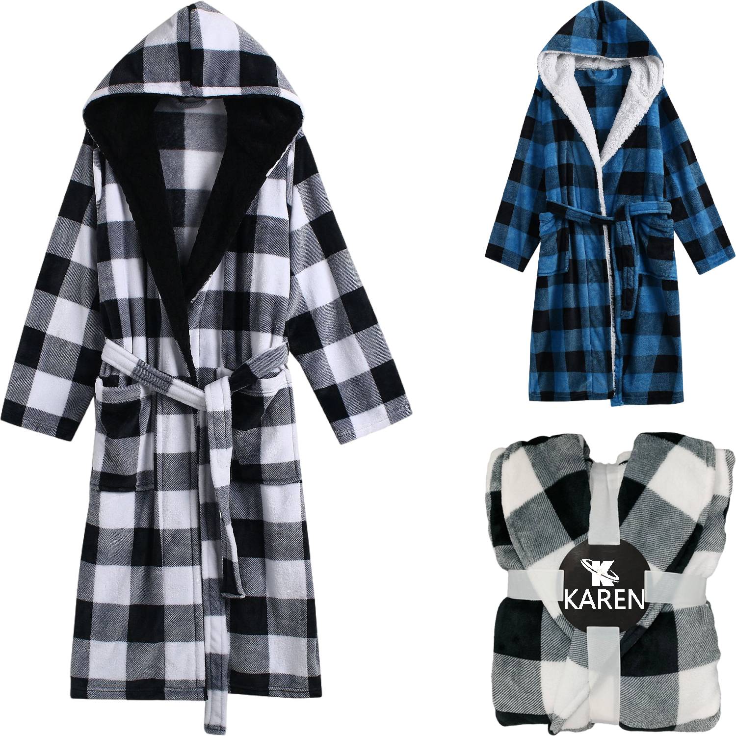 Winter Long Plaid Flannel Robe w/ Hood